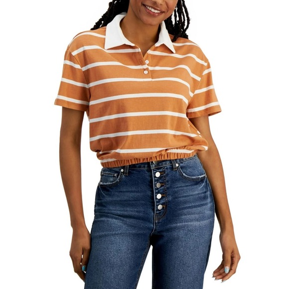 Crave Fame Juniors Cropped Caramel White‎ Striped Polo Top Size L - Picture 1 of 8